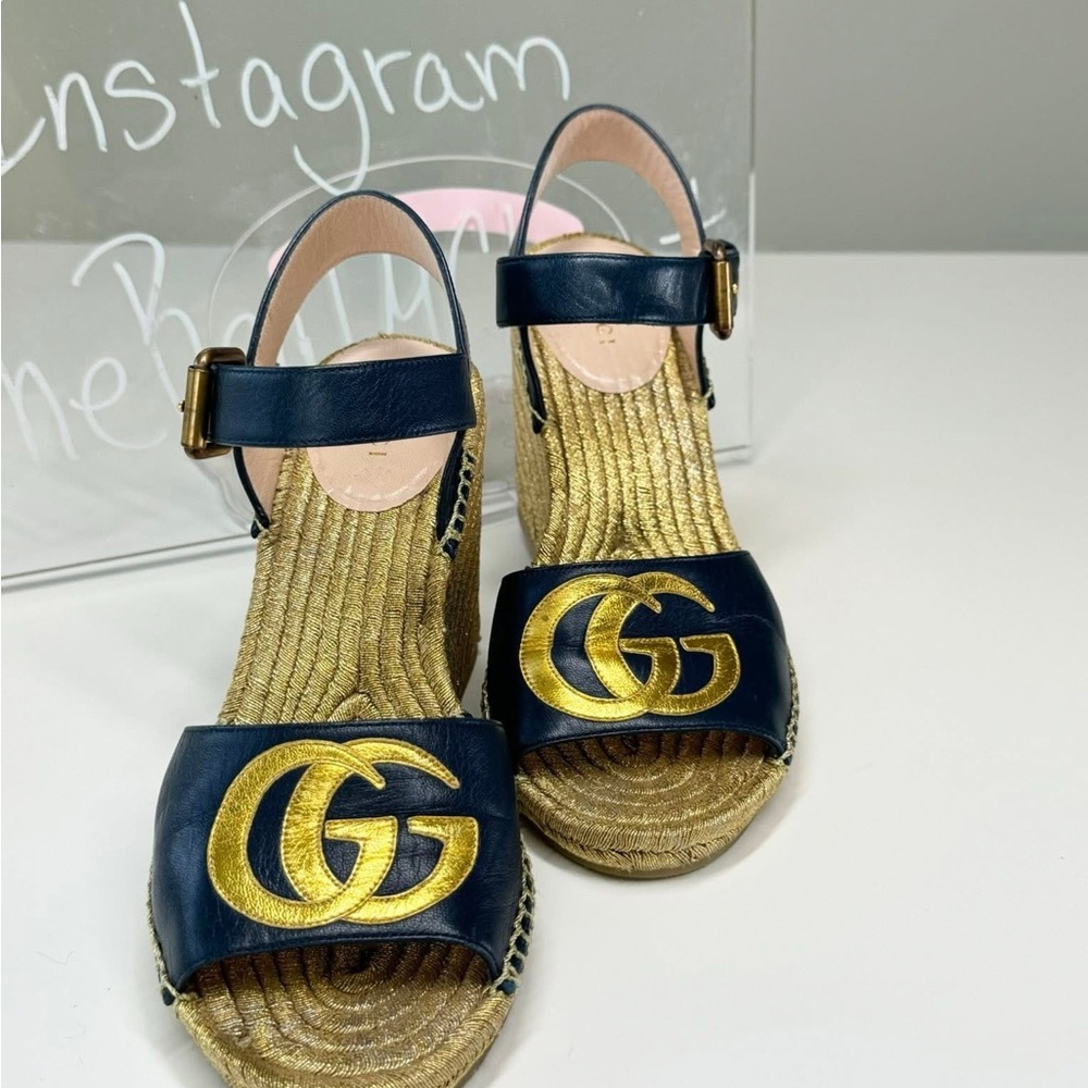 Gucci Navy and Gold Espadrille Wedges - Picture 9 of 11